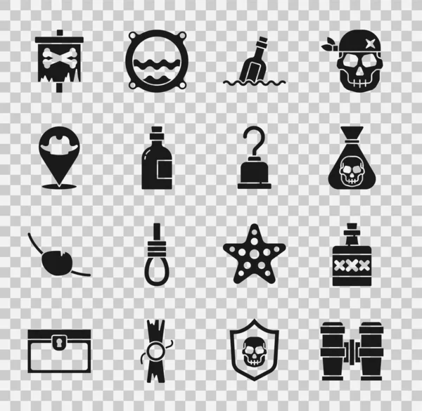 Set Binoculars, Alcohol drink Rum, Pirate coin, Bottle with message water, Location pirate, flag and hook icon. Vector — Stockvektor