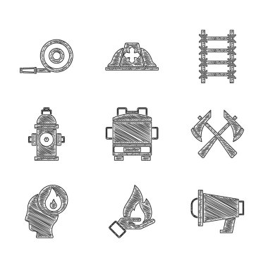 Set Fire truck, Hand holding a fire, Megaphone, Firefighter axe, hydrant, escape and hose reel icon. Vector