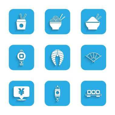 Balık bifteği, Çin kağıt feneri, kesme tahtasındaki suşi ya da Japon pervanesi, Yuan para birimi, çubuklu pirinç kasesi ve erişte kutusu ve yemek çubuğu ikonu. Vektör