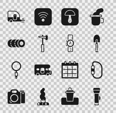 El feneri, karabina, kürek, mantar, çekiç, battaniye rulosu, karavan ve bilek saati ikonu. Vektör