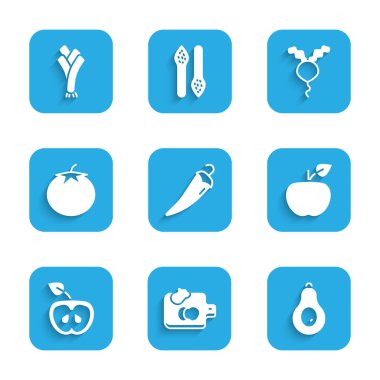 Acı biber, sebzeli kesme tahtası, Avokado, Apple, Domates, Turp ve Leek ikonu. Vektör