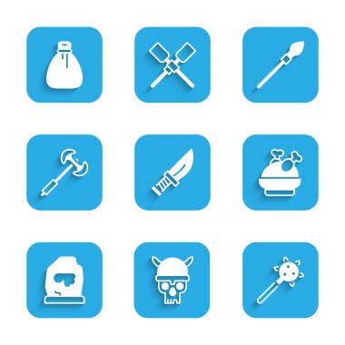 Set Hançeri, Kafatası Viking miğferi, Mace çivileri, kızarmış hindi veya tavuk, Sihirli rün, Ortaçağ kutup baltası, mızrak ve eski para çantası ikonu. Vektör