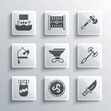 Shield Viking, Hançer, Ortaçağ kutup baltası, demircilik için örs, oklu Quiver, Viking boynuzlu miğferi, gemi Drakkar ve tahta ikon. Vektör