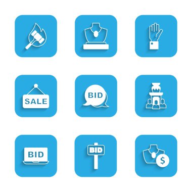 Set Bid, Hand holding auction paddle, Auction jewelry sale, ancient vase, Online, Price tag with Sale, and hammer icon. Vector