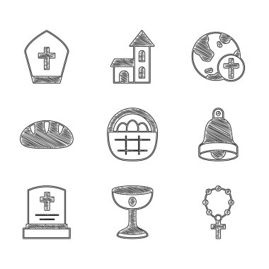 Set Basket with easter eggs, Christian chalice, Rosary beads religion, Church bell, Grave tombstone, bread, cross globe and Pope hat icon. Vector