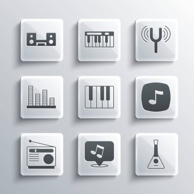 Müzik notası, ton, Balalaika, synthesizer, Radio, dengeleyici, iki hoparlörlü ev teybi ve müzikal diyapazon simgesi. Vektör