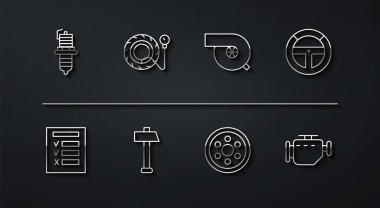 Otomobil bujisi, denetim, direksiyon, Alloy, Hammer, lastik basınç göstergesi, motor kontrolü ve otomotiv turbo şarj ikonu ayarlayın. Vektör