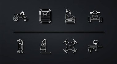 Set hattı dağ bisikleti, uzun tahta ya da kaykay, ATV motosikleti, İHA uçuşu, rüzgar sörfü, ilk yardım çantası, Paintball silahı ve buz pateni ikonu. Vektör