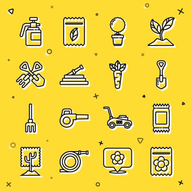 Bitki tohumu, gübre torbası, saksıda çiçek, bahçe hortumu ya da yangın hortumu ve gübre ve havuç ikonu dolu bir sıra oluştur. Vektör