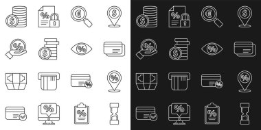 Eski kum saati, indirimli konum, kredi kartı, büyüteç ve avro, bozuk para doları, indirim etiketi ve göz simgesi. Vektör