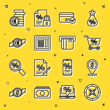 Güvenli hat, nakit konum, alışveriş arabası, kredi kartı, mali büyüme ve avro parası sembol ve ikonlu madeni para. Vektör