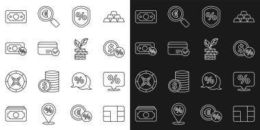 Kredi kartını çipli, indirimli yüzde etiketli, madeni para, kredi kartı, kağıt para yığını ve dolar bitkisi ikonu ile ayarla. Vektör