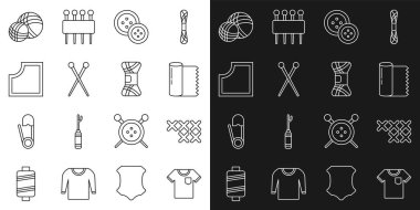 Çizgili tişört, ayarlanabilir nakış halkası, tekstil kumaş rulo, dikiş düğmesi, örgü iğneleri, desen, iplik topu ve ikon. Vektör