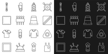 Çizgili kolsuz tişört, tebeşir, desen, iplik, dikiş iğnesi, deri, iplik ve yüksük ikonu. Vektör