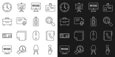 Satır kravatı, adres defteri, arama görevlileri için büyüteç metin çalışması, sertifika şablonu, evrak çantası, saat ve kimlik kartı simgesi. Vektör