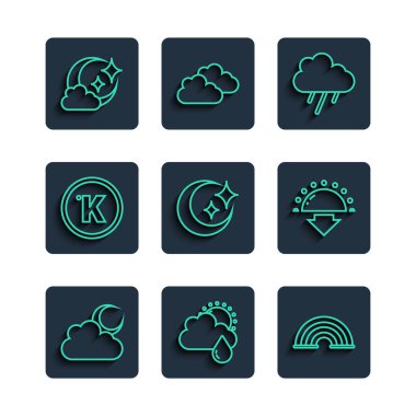 Bulut 'u ay, yağmur ve güneş, Gökkuşağı, Ay yıldızları, Kelvin ve Günbatımı ikonu ile hizala. Vektör