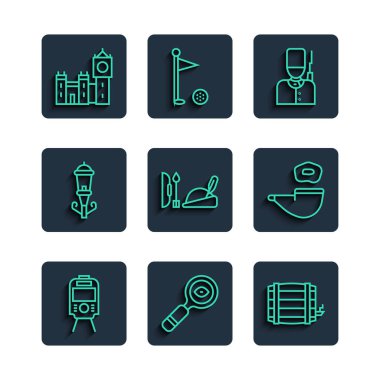 Tramvay ve demiryolu hattı, büyüteç, tahta fıçı, İngiliz askeri, Robin Hood şapkası, Vintage sokak lambası, Big Ben kulesi ve tüten boru ikonu. Vektör