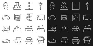 Otobüs, kürekli tekne, kargo kamyonu, Road, Taxi, tren ve demiryolu ve bozuk yol ikonu. Vektör