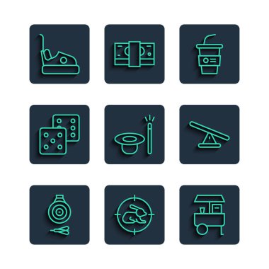 Klasik dart tahtası ve ok, çapraz dürbünlü tavşan avı, Fast Street yemek arabası, kağıt cam su, sihirli şapka değneği, zar oyunu, Bumper ve tahterevalli ikonu. Vektör