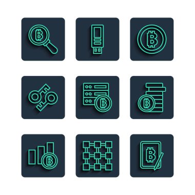 Çizgi çizgisi çizelgesi, bitcoin, Blockchain teknolojisi, Tablet, Bitcoin, Sunucu, Şifreleme anahtarı, Büyüteç ve simge ile madencilik. Vektör