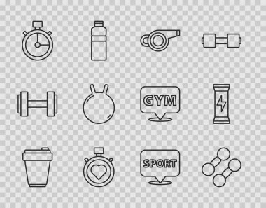 Set hattı fitness karıştırıcı, Dumbbell, Whistle, Heart in the center kronwatch, Stopwatch, Kettlebell, lokasyon spor salonu ve spor beslenme ikonu. Vektör