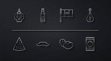 Kafatası, nachos, Meksika gitarı, Beans, Bıyık, Tabasco sosu, halı ve Meksika bayrağı ikonu üzerine mum dök. Vektör