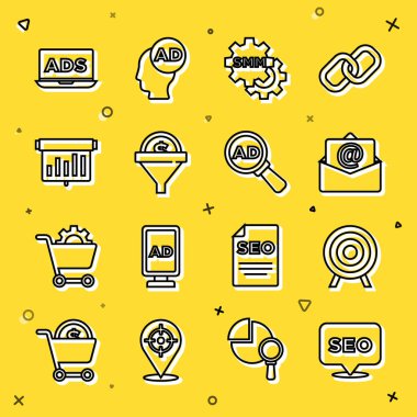 SEO optimizasyonu, hedef spor, posta ve e-posta, sosyal medya pazarlaması, lider yönetim, grafik grafikli pano, reklam ve simge. Vektör