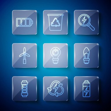 Bataryayı geri dönüşümlü, yıldırımlı, ampullü, rüzgar türbinli ve ikonlu ayarla. Vektör