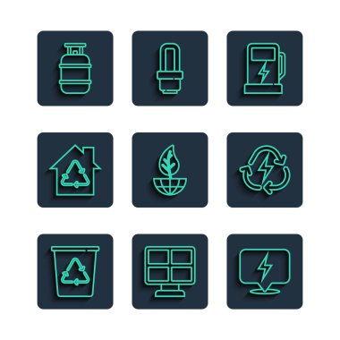 Geri dönüşüm kutusuna geri dönüşüm, güneş enerjisi paneli, yıldırım, elektrikli araba şarj istasyonu, dünya küresi ve yaprak, Eco House geri dönüşümü, propan benzin deposu ve akü ikonu koyun. Vektör