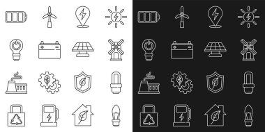 Hat ampulü, LED ışığı, rüzgar türbini, yıldırımlı şimşek, araba aküsü, yıldırımlı, pilli ve güneş enerjisi panel ikonlu. Vektör