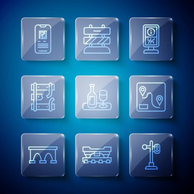 Köprü hattını tren, yük vagonu, tren trafik ışığı, danışma standı, camlı şarap şişesi, kırık demiryolu, E-bilet ve güzergah ikonu için ayarla. Vektör