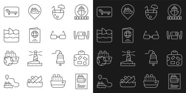 Seyahat gemisi, bavul, poker masası, hindistan cevizi kokteyli, pasaport, okyanus dalgasında köpekbalığı yüzgeci, güneşlik ve şemsiye ve gözlük ikonu. Vektör