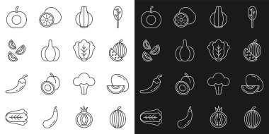 Karpuz, kavun, soğan, sarımsak, domates, şeftali ve lahana ikonu. Vektör