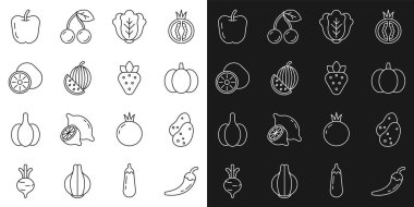 Set line Hot chili pepper pod, Potato, Pumpkin, Cabbage, Watermelon, Kiwi fruit, Apple and Strawberry icon. Vector
