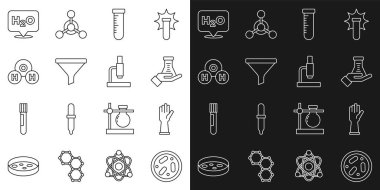 Bakteri, tıbbi lastik eldiven, test tüpü ve matara, huni ya da filtre, H2O için kimyasal formül ve mikroskop simgesi içeren Petri kabını ayarlayın. Vektör