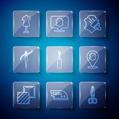 Tekstil kumaş rulosu, elektrikli ütü, makas, deri, Awl aleti, iplikli iğne, manken ve ikon. Vektör