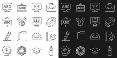 Set hattı tükenmez kalem ucu, ses kitabı, Amerikan futbolu, mezuniyet konuşma balonu, madalya, yazı tahtası, alfabe ve çevrimiçi sınıf simgesi. Vektör