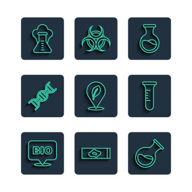 Biyolojik sağlıklı yiyecek, kan testi ve virüs test tüpü, yaprak, DNA sembolü, kimyasal patlama ve ikonlu konum. Vektör