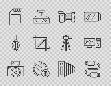 Flaş, USB kablo kablosu, kamera zamanlayıcısı, SD kartı, ekin fotoğrafı ve rötuş simgesiyle foto çekimini ayarla. Vektör