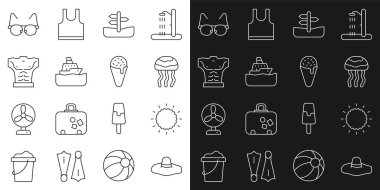 Şık kadın şapkası, güneş, denizanası, trafik levhası, yolcu gemisi, vücut geliştirme kası, gözlük ve dondurma. Vektör