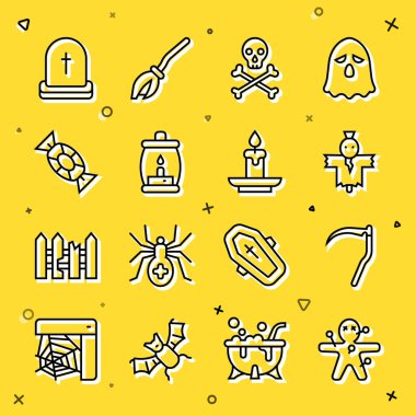 Voodoo bebeği, Scythe, Scarecrow, Skull on crossbones, Kamp feneri, Candy, Tombstone ve RIP yazılı ve yanan mum ikonu. Vektör