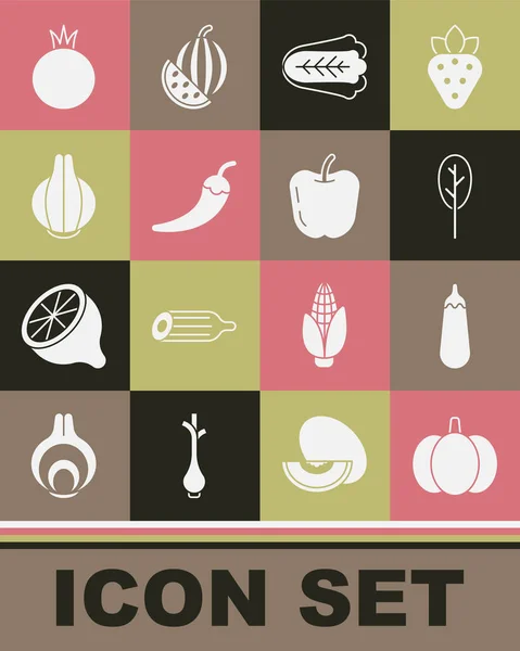 Set Pumpkin, Eggplant, Spinach, Cabbage, Hot chili pepper pod, Onion, Tomato and Apple icon. Vector — Image vectorielle