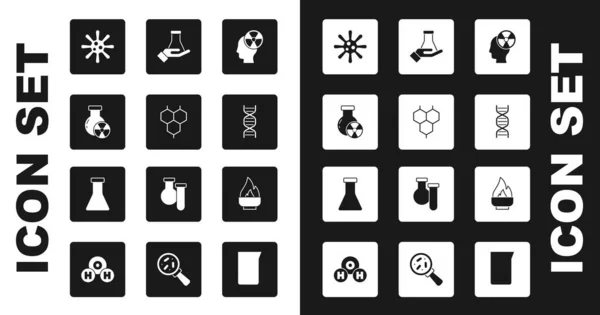 Set Head and radiation symbol, Chemical formula, Test tube, Bacteria, DNA, flask, Alcohol spirit burner and icon. Vector — Vector de stock