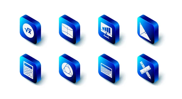 Geometrik silindir, grafik grafikli bilgisayar monitörü, üçgenin açıortay, çapraz cetvel ve kalem, hesap makinesi, üçgen matematik ve kare kök x glyph simgesini ayarlayın. Vektör — Stok Vektör