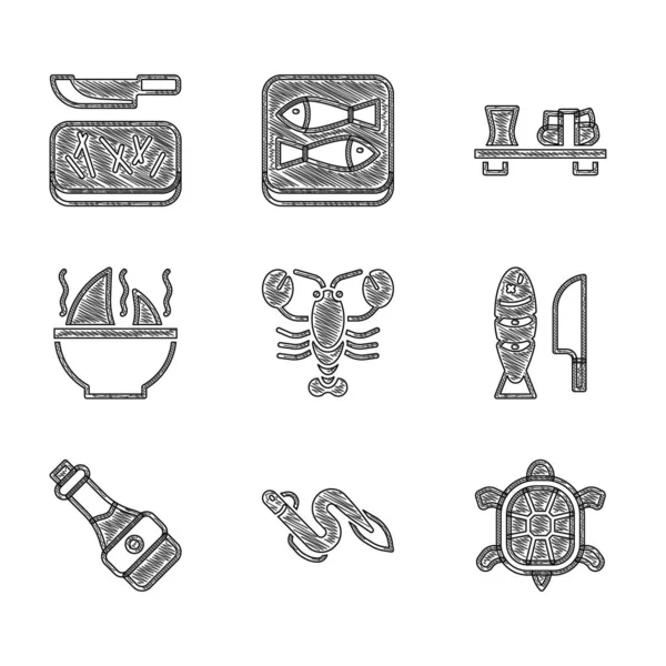 Set Lobster, Eel fish, Turtle, Fish with sliced pieces, Soy sauce bottle, Shark fin soup, Sushi on cutting board and Cutting and knife icon. Vector — стоковий вектор