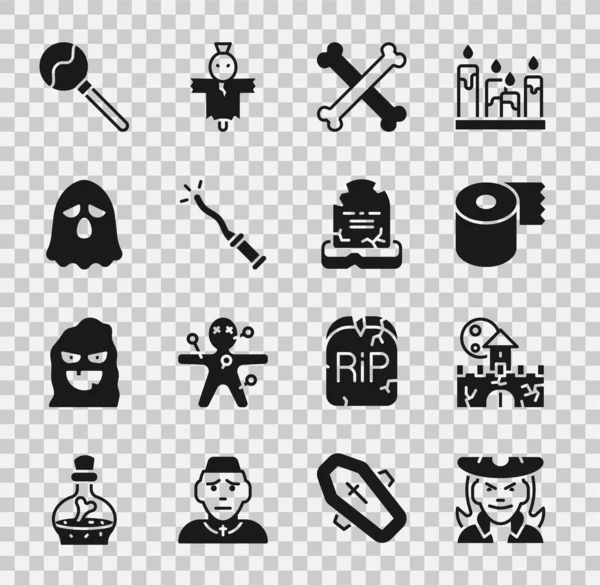 Set Witch, Castle, fortress, Toilet paper roll, Crossed bones, Magic wand, Ghost, Lollipop and Tombstone with RIP written icon. Vector — Stockvektor