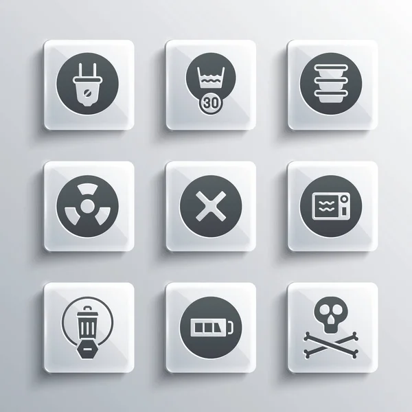 Set Battery, Bones and skull warning, Microwave oven, X Mark, Cross circle, Trash can, Radioactive, Electric plug and Bowl icon. Vector —  Vetores de Stock