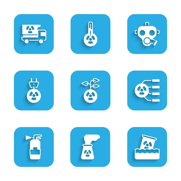 Set Radioactive, Jaderná elektrárna, odpad v sudu, Hasicí přístroj, Radiační zástrčka, Plynová maska a Náklaďák s ikonou ozařovacích materiálů. Vektor — Stockový vektor