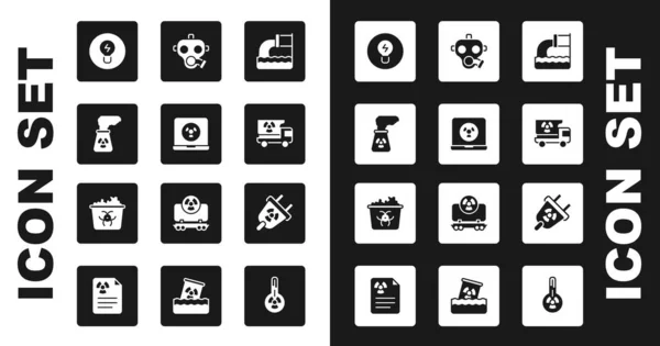 Set Wastewater, Nuclear laptop, power plant, Light bulb with concept of idea, Truck radiation materials, Gas mask, Radiation electrical plug and Infectious waste icon. Vector — Stok Vektör