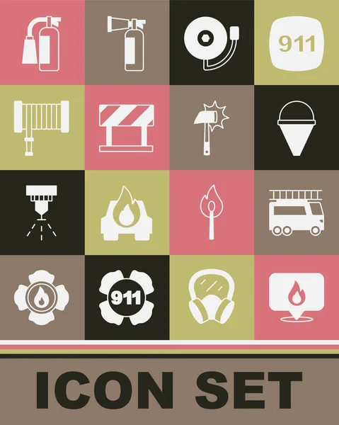 Set Location with fire flame, Fire truck, cone bucket, Ringing alarm bell, Road barrier, hose reel, extinguisher and Firefighter axe icon. Vector — Stockvektor